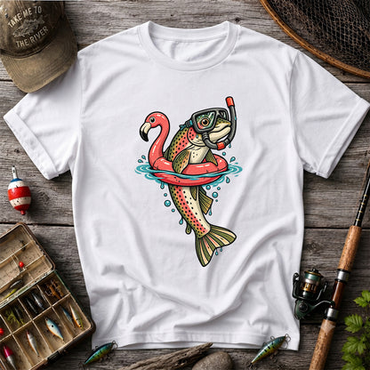 Rainbow Trout Snorkeling in a Flamingo Float Fishing Graphic T-Shirt