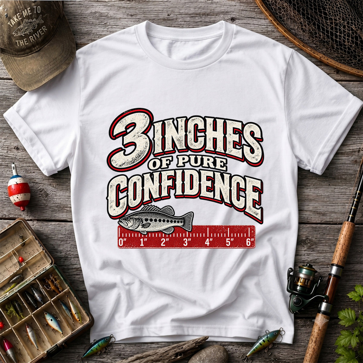3 Inches of Pure Confidence Bass and Ruler Funny Fishing T-Shirt