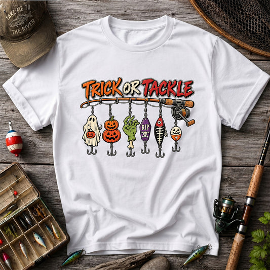 Trick or Tackle Halloween Ghost and Pumpkin Fishing Lures T-Shirt