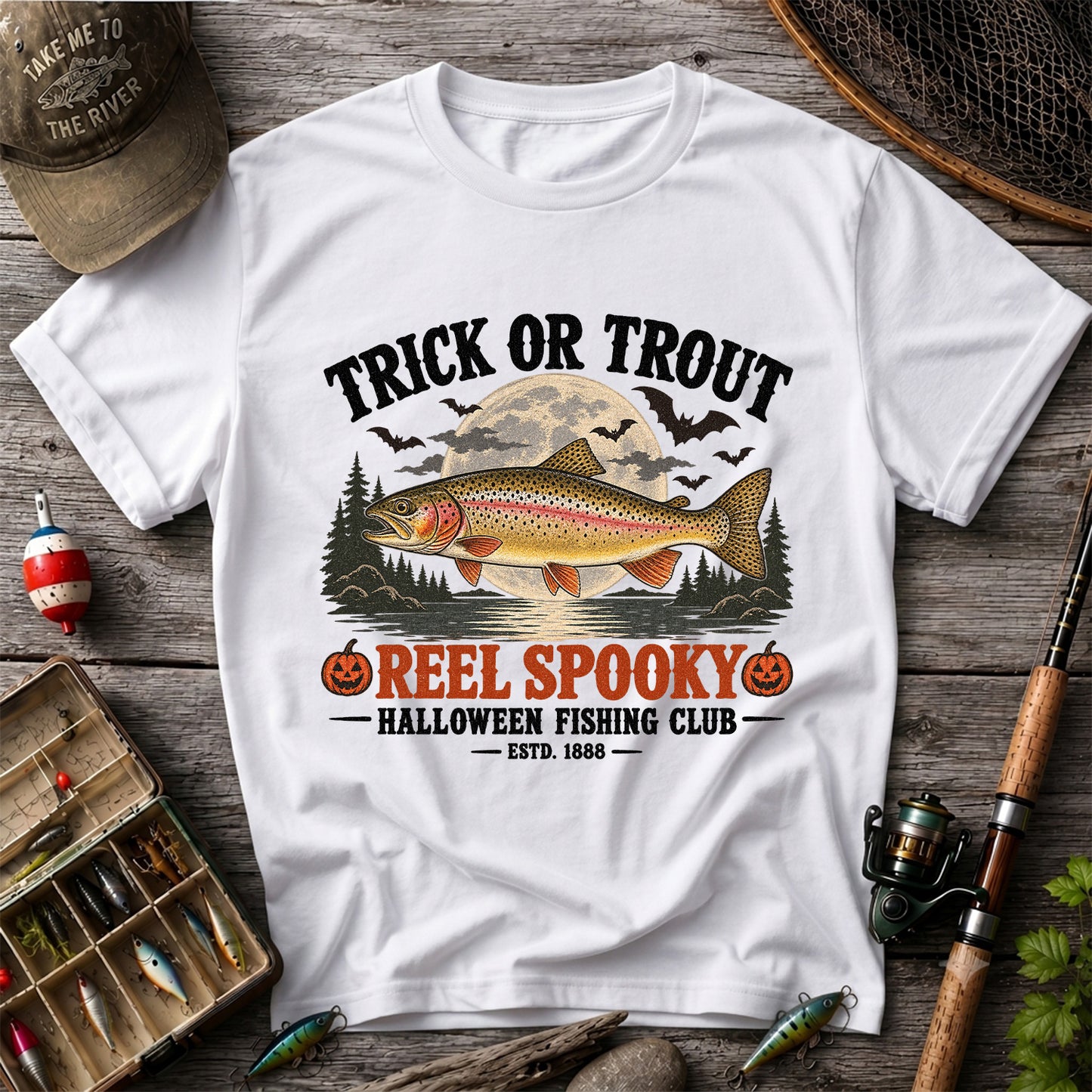 Trick or Trout Reel Spooky Halloween Fishing Club T-Shirt