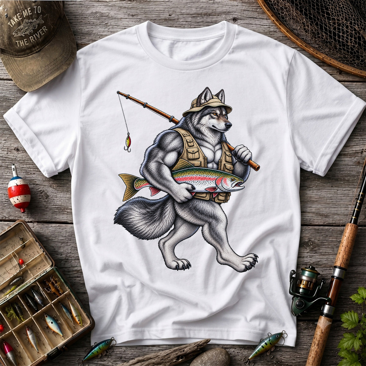 Wolf Angler Holding Rainbow Trout Fishing Graphic T-Shirt
