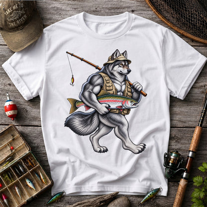Wolf Angler Holding Rainbow Trout Fishing Graphic T-Shirt