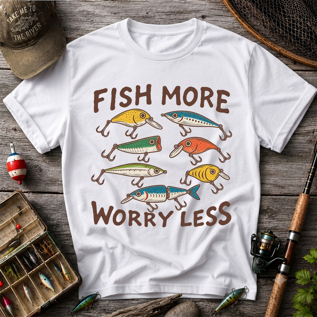 Colorful Fishing Lures and Hooks Graphic T-Shirt