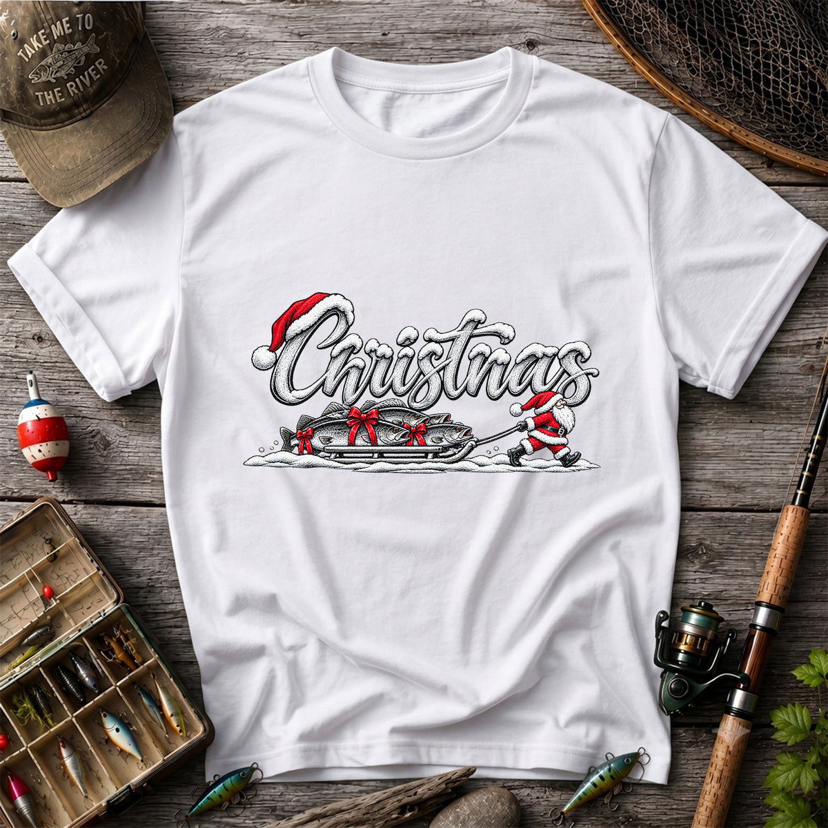 Christmas Santa Pulling Trout Fishing Sled Graphic T-Shirt