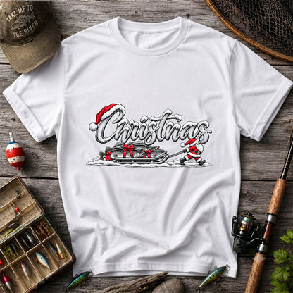 Christmas Santa Pulling Trout Fishing Sled Graphic T-Shirt