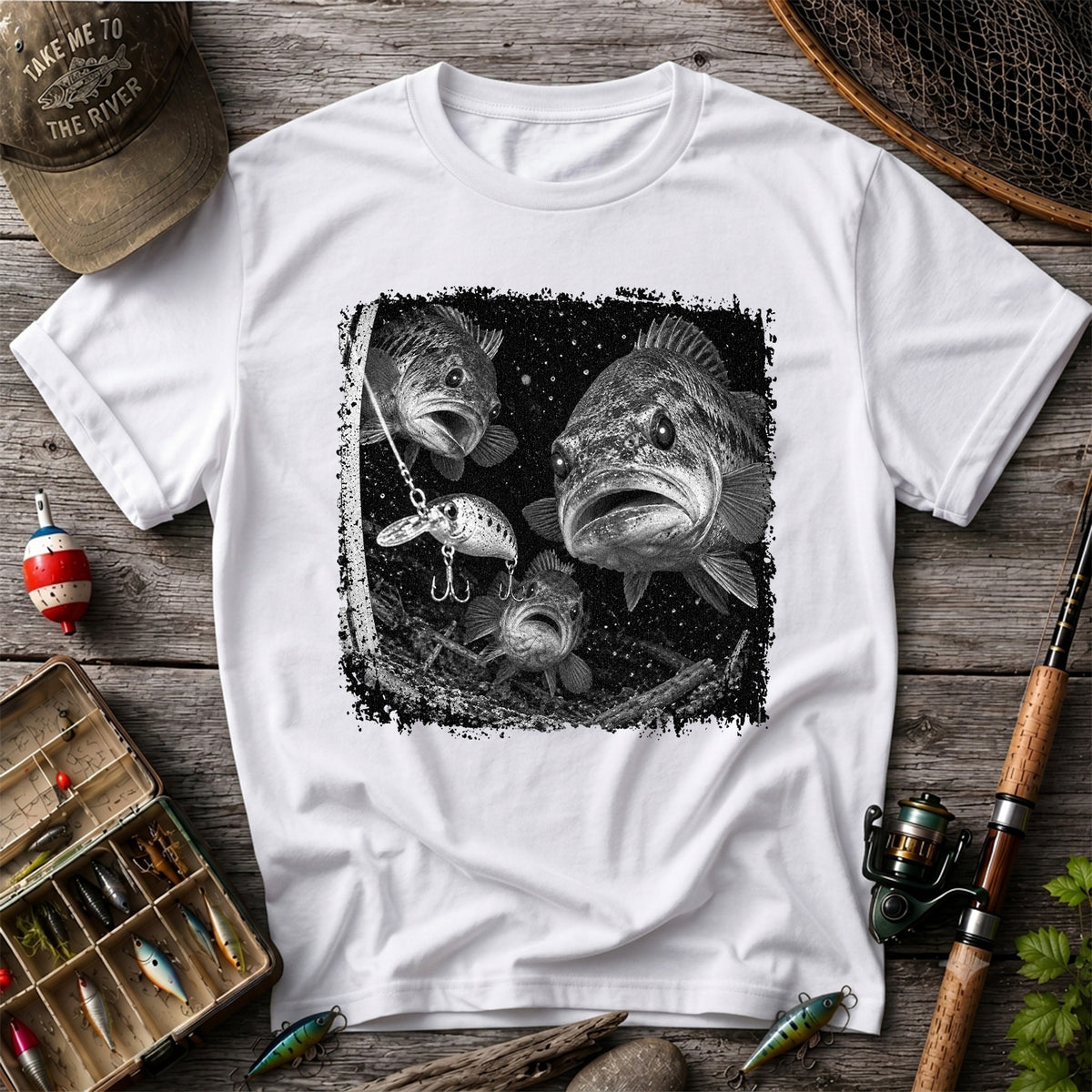 Vintage Bass Fishing Graphic T-Shirt with Underwater Fish Artwork