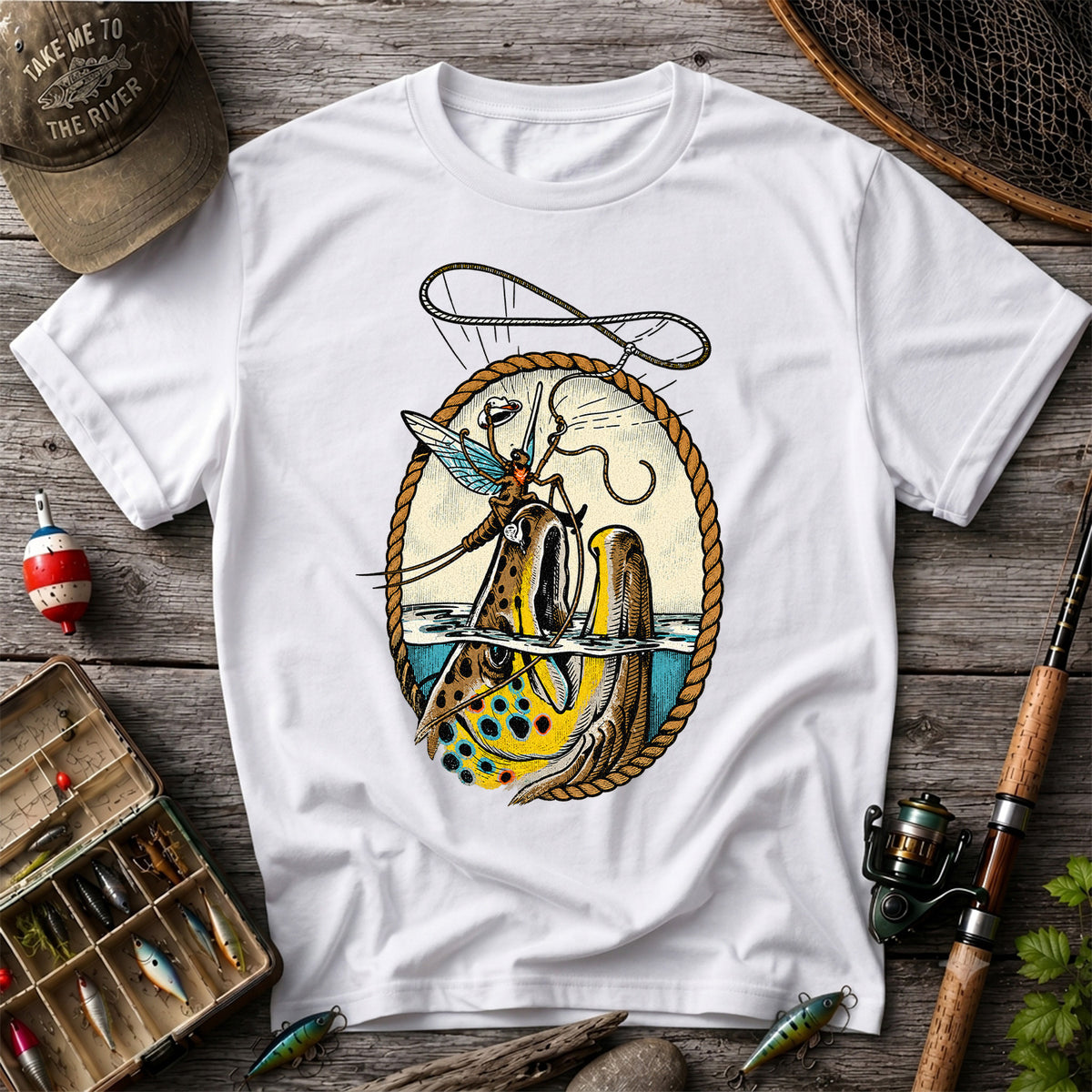 Brown Trout and Winged Fly Angler Vintage Fishing Graphic T-Shirt