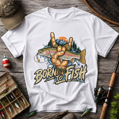 Born to Fish Rainbow Trout Rock Hand Sign Fishing T-Shirt