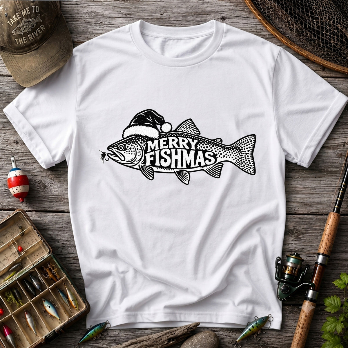 Merry Fishmas Black and White Trout Christmas Fishing T-Shirt
