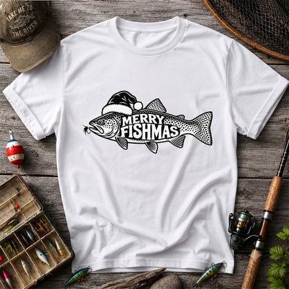 Merry Fishmas Black and White Trout Christmas Fishing T-Shirt