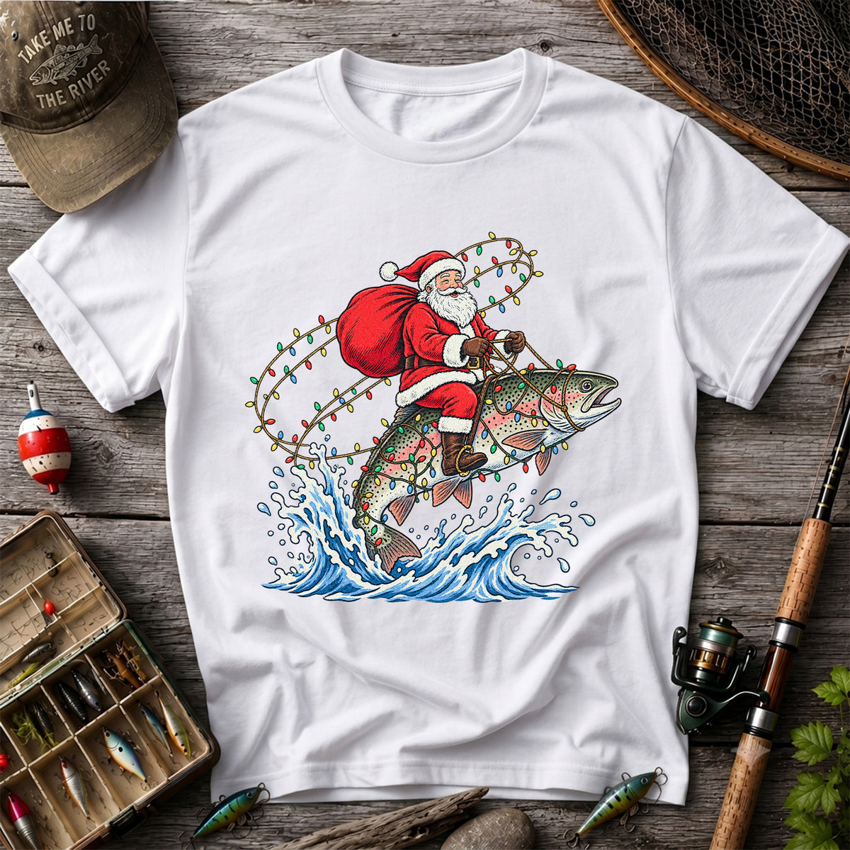 Santa Riding a Christmas-Lighted Rainbow Trout Fishing Graphic T-Shirt