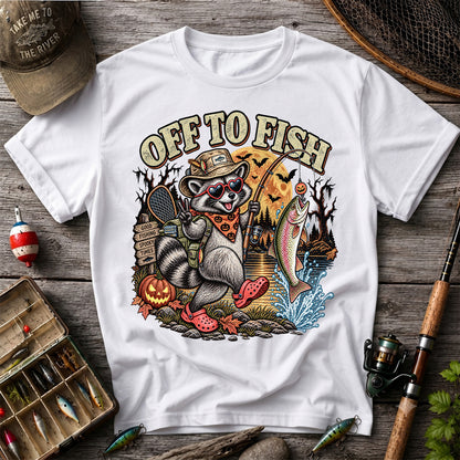 Off to Fish Raccoon and Trout Halloween T-Shirt - Good Fishing Spooky Times