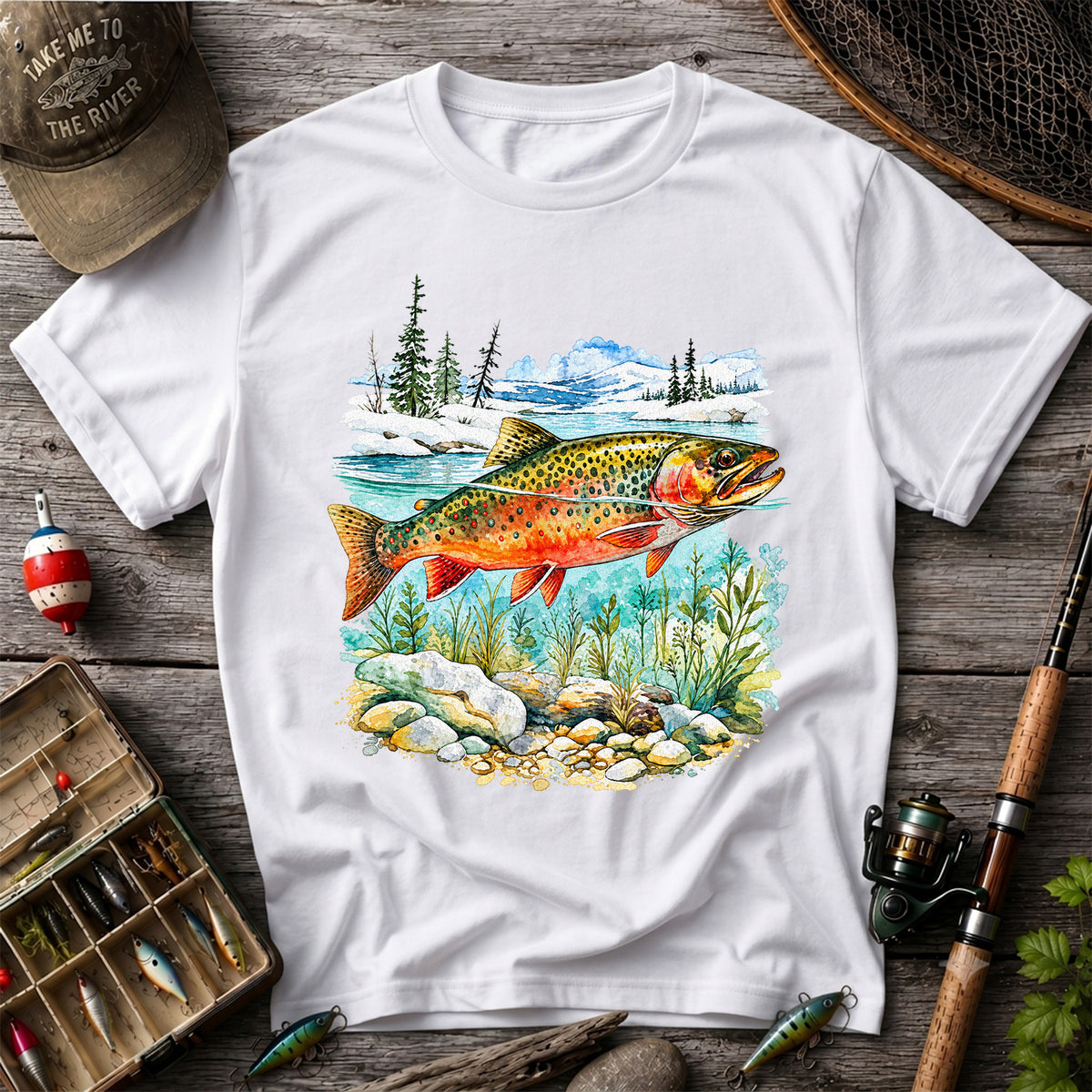 Brown Trout in Mountain River Watercolor Fishing Graphic T-Shirt