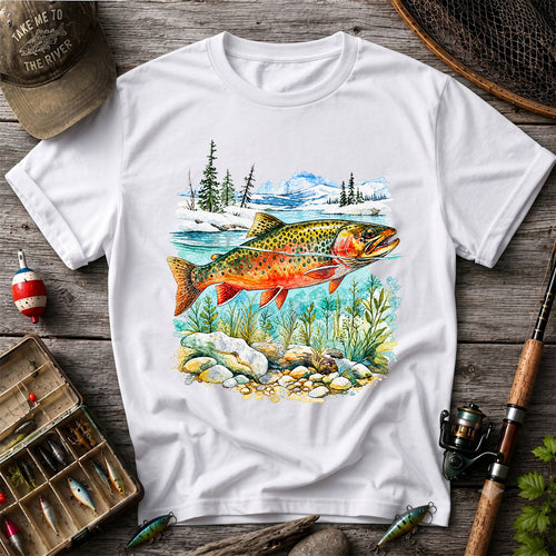 Brown Trout in Mountain River Watercolor Fishing Graphic T-Shirt