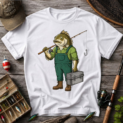 Funny Bass Fisherman Carrying Tackle Box Graphic T-Shirt