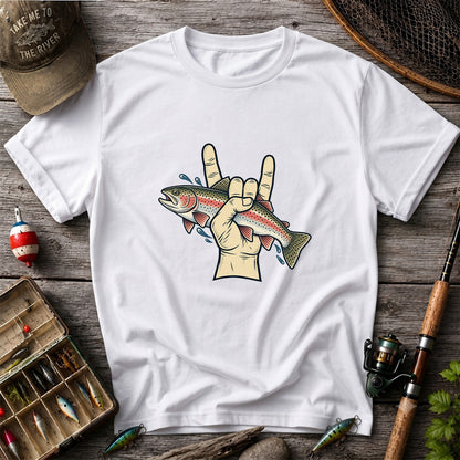 Rainbow Trout Rock On Hand Gesture Fishing Graphic T-Shirt