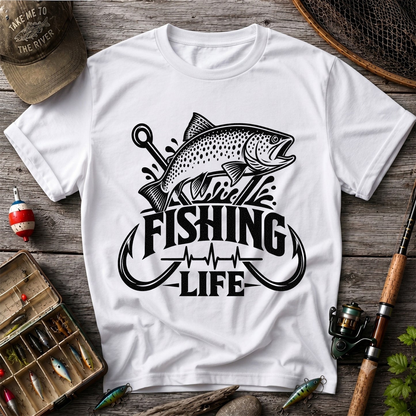 Fishing Life Trout and Hooks Heartbeat Graphic T-Shirt