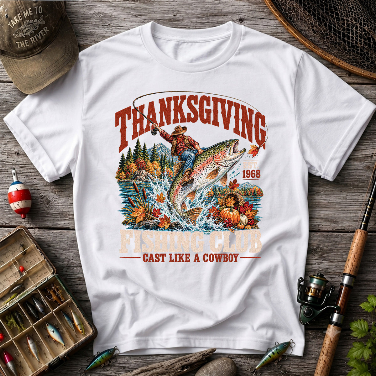 Thanksgiving Cowboy Trout Fishing Club Graphic T-Shirt