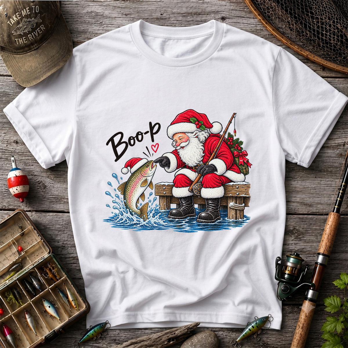 Santa Fishing for Rainbow Trout Christmas Graphic T-Shirt