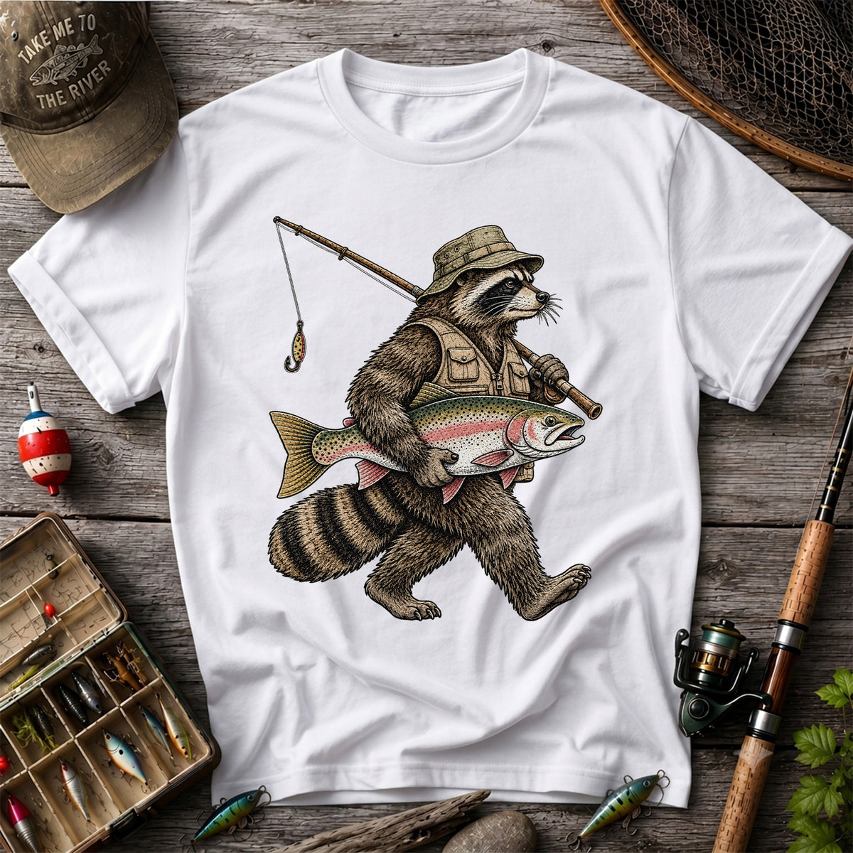 Raccoon Angler Holding Rainbow Trout Fishing Graphic T-Shirt