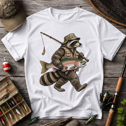 Raccoon Angler Holding Rainbow Trout Fishing Graphic T-Shirt