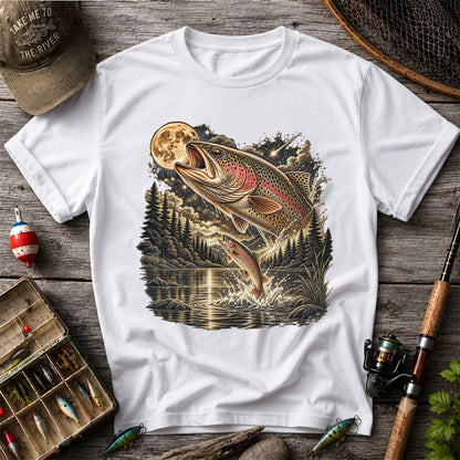 Moonlit Rainbow Trout Jumping from Mountain Lake Graphic T-Shirt