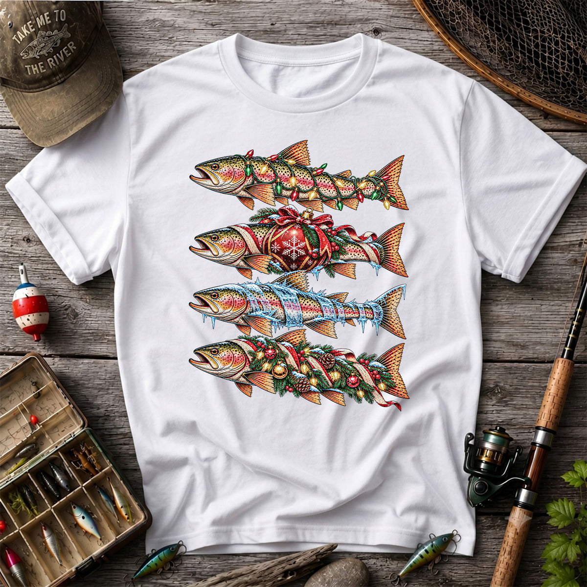 Christmas Rainbow Trout with Holiday Lights Fishing Graphic T-Shirt