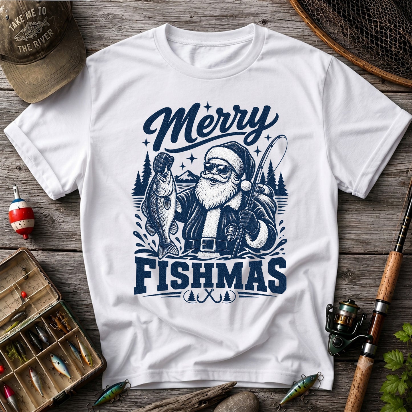 Merry Fishmas Santa Fishing Christmas Graphic T-Shirt