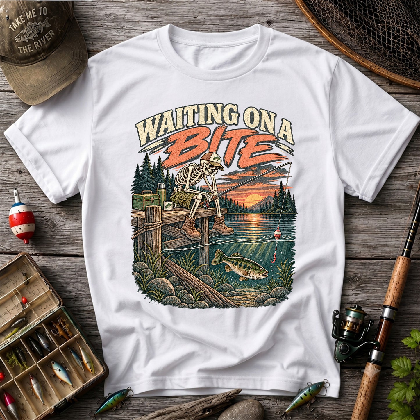 Waiting on a Bite Skeleton Bass Fishing Graphic T-Shirt