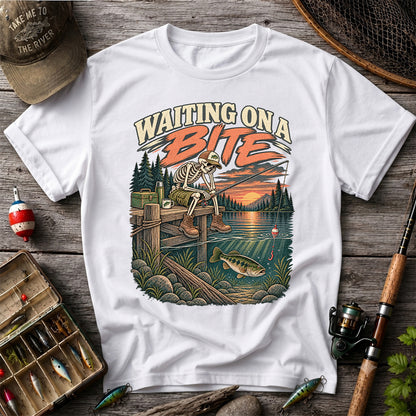 Waiting on a Bite Skeleton Bass Fishing Graphic T-Shirt
