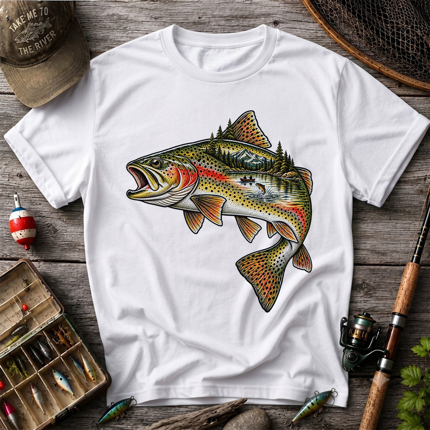 Rainbow Trout Mountain Lake Fishing Scene Graphic T-Shirt
