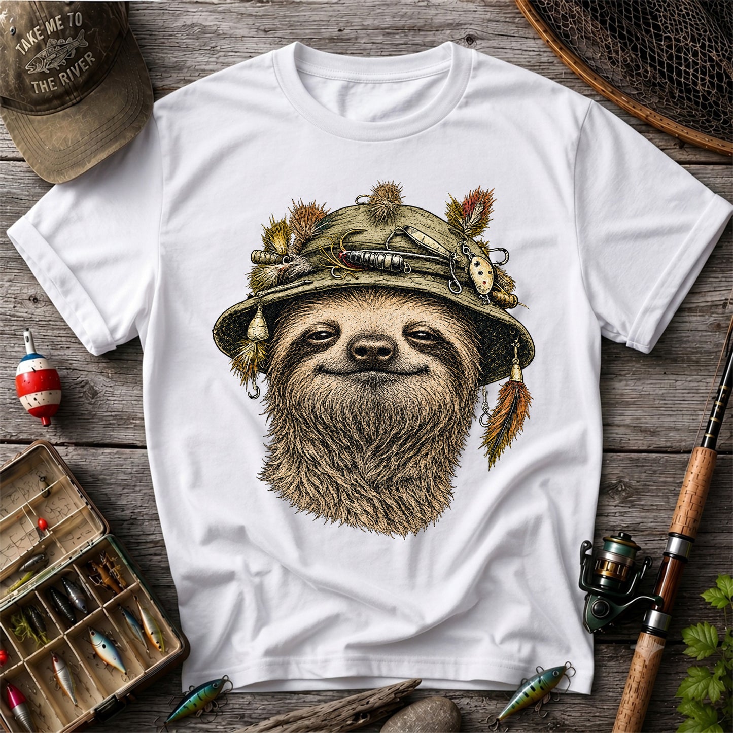 Sloth Wearing a Fishing Lure Hat Hand-Drawn Graphic T-Shirt