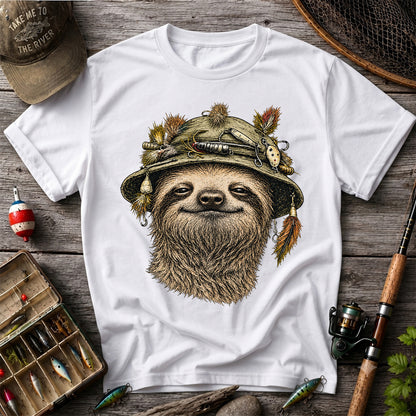 Sloth Wearing a Fishing Lure Hat Hand-Drawn Graphic T-Shirt