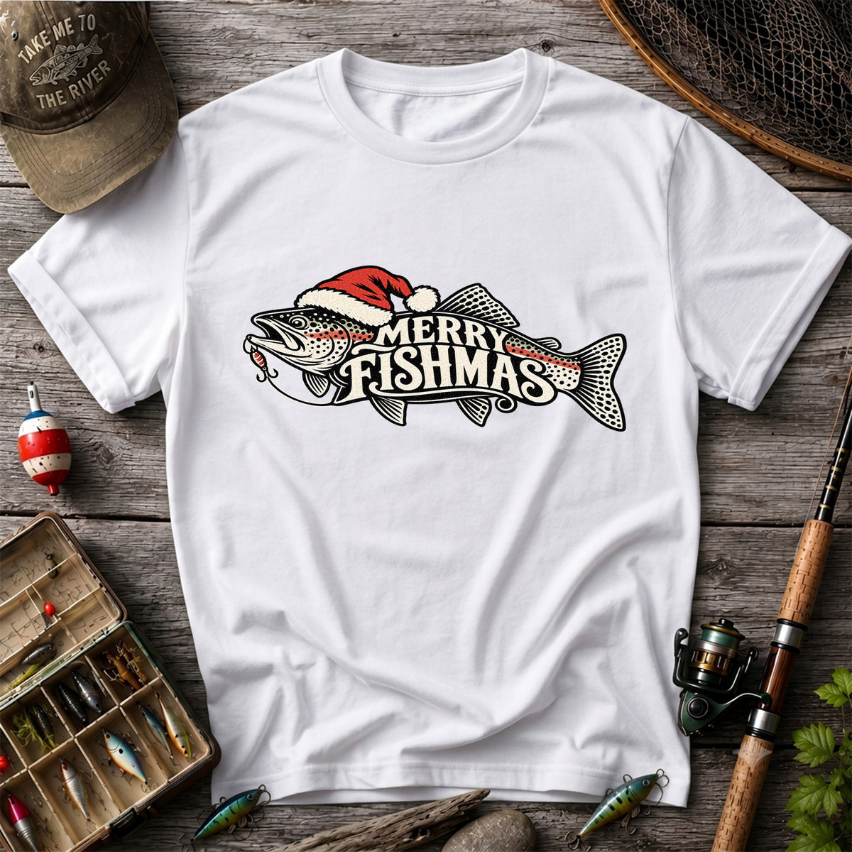 Merry Fishmas Rainbow Trout with Red Santa Hat and Lure Fishing T-Shirt