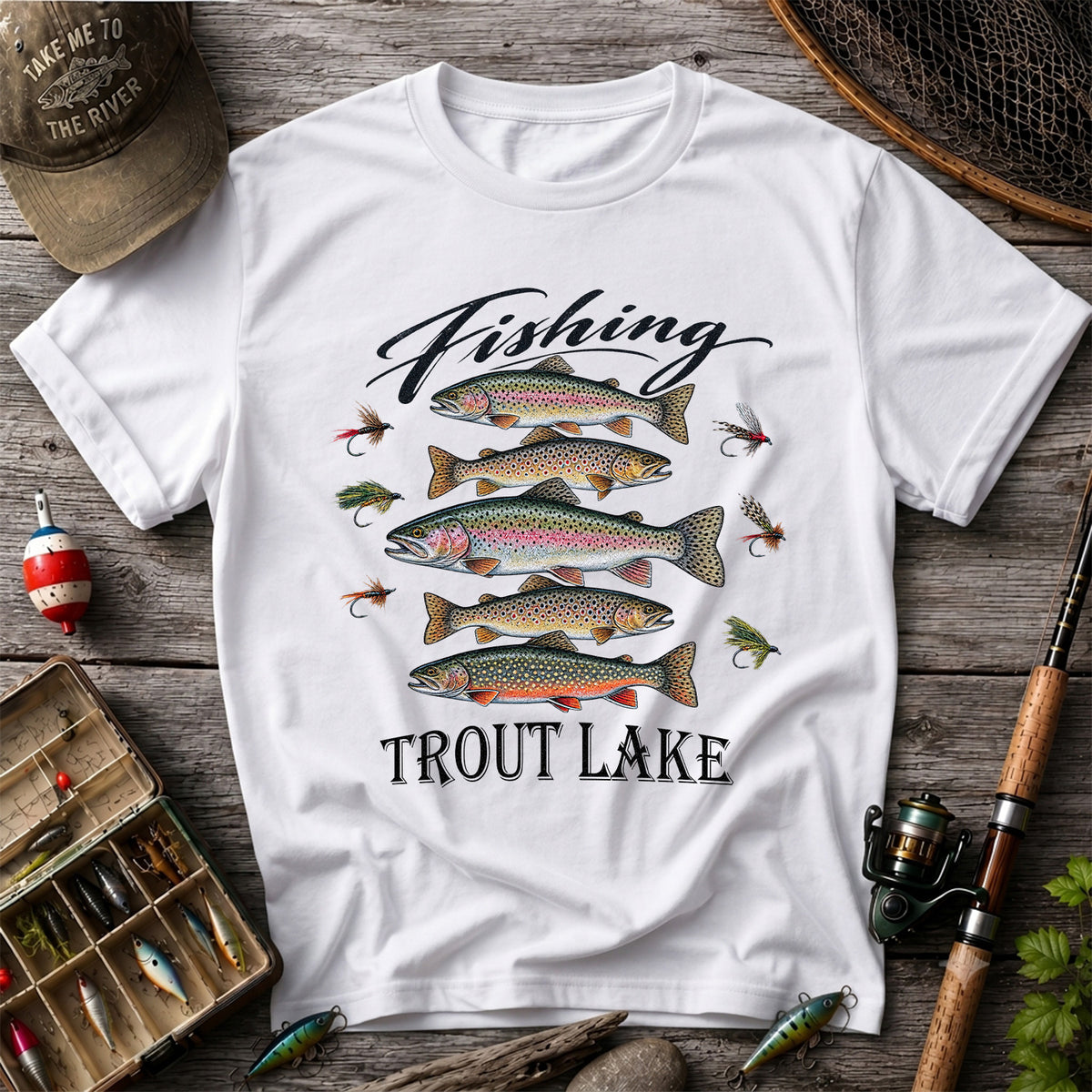 Fishing Trout Lake Vintage Trout and Flies Graphic T-Shirt