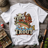 Trick or Trout Bigfoot Riding a Rainbow Trout Halloween Fishing T-Shirt
