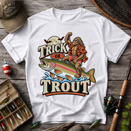 Trick or Trout Bigfoot Riding a Rainbow Trout Halloween Fishing T-Shirt