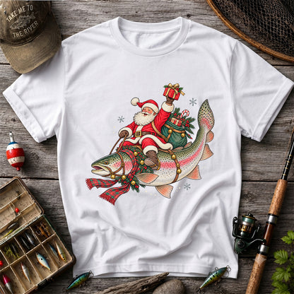 Santa Riding a Festive Rainbow Trout Christmas Fishing Graphic T-Shirt
