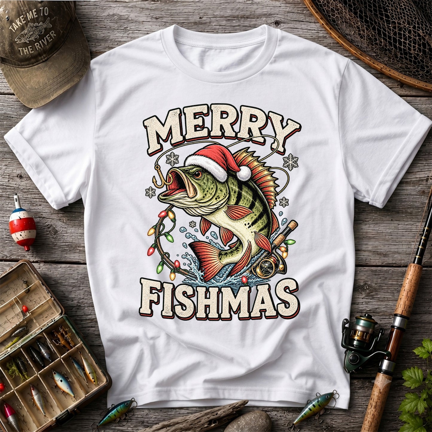 Merry Fishmas Santa Hat Bass Christmas Fishing T-Shirt