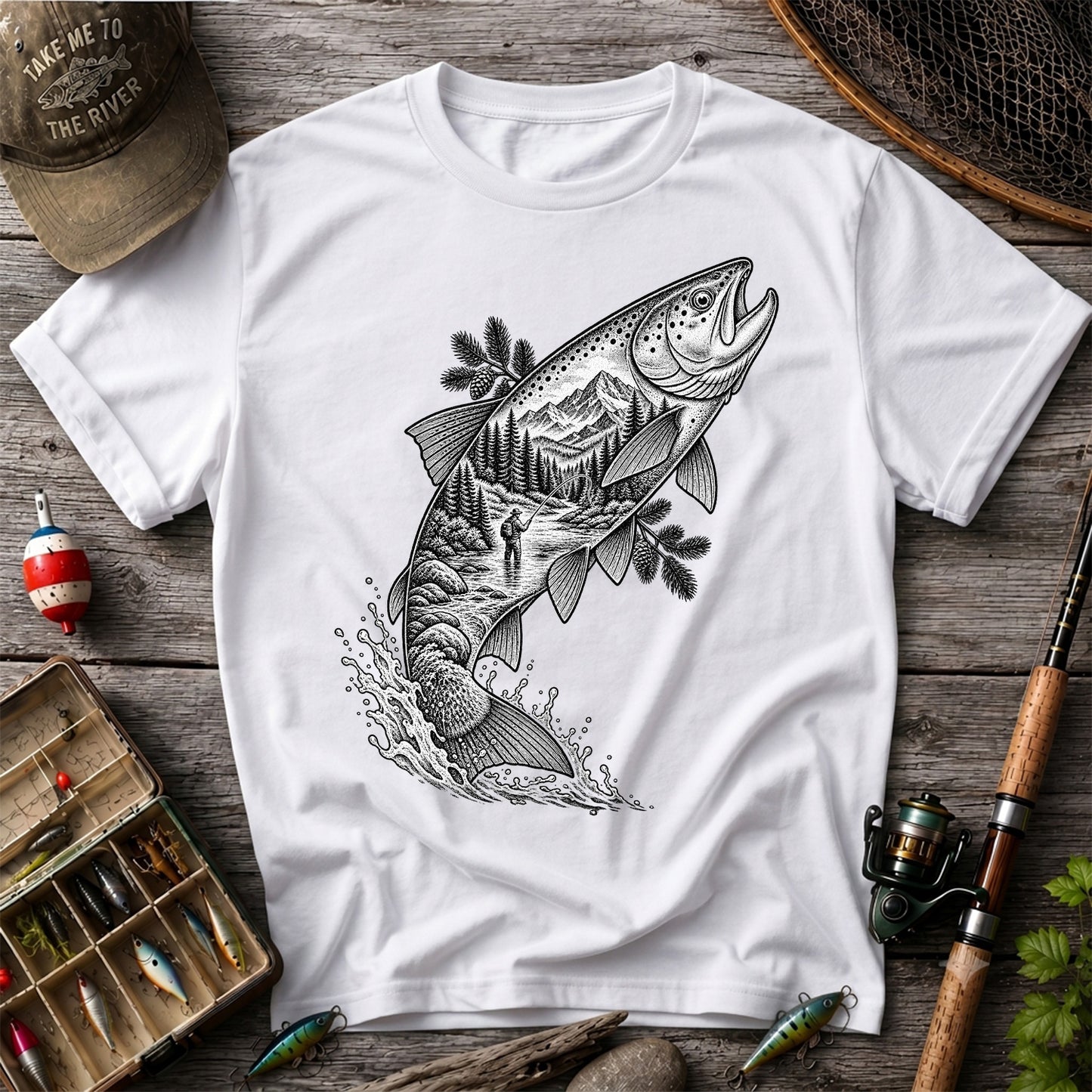 Leaping Trout with Mountain River and Angler Fishing Graphic T-Shirt