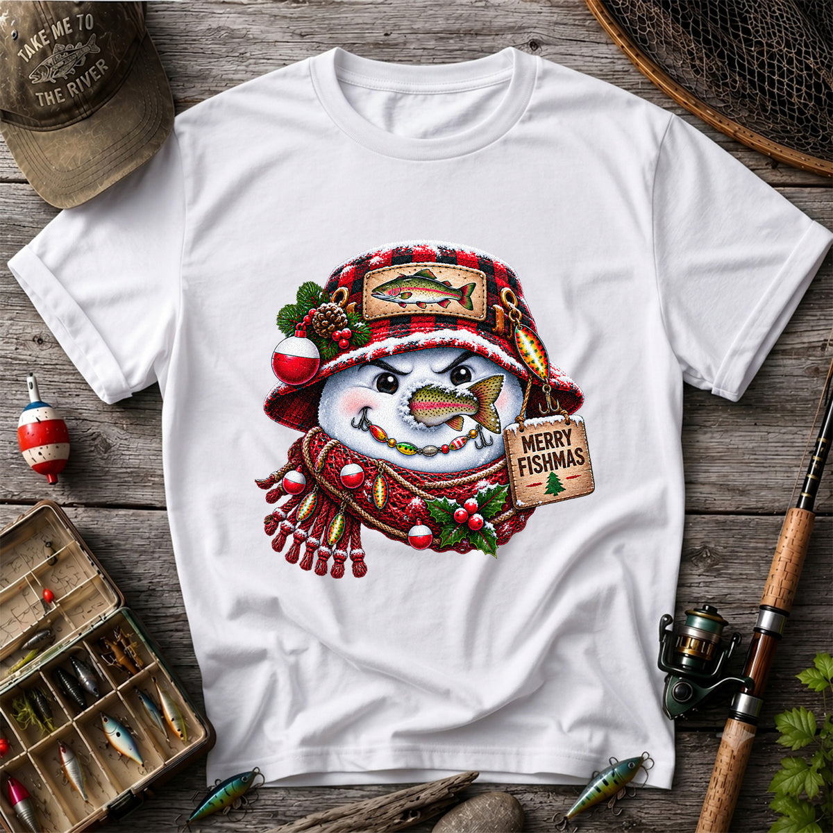Merry Fishmas Snowman with Rainbow Trout Christmas Fishing T-Shirt