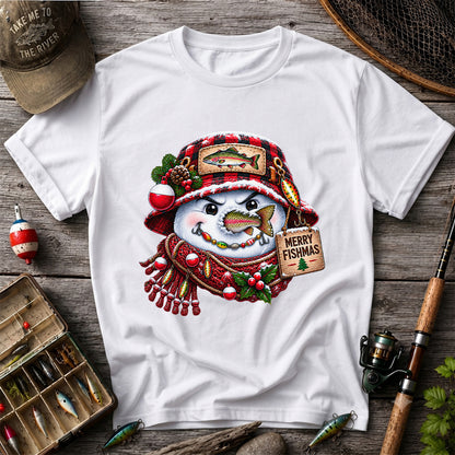 Merry Fishmas Snowman with Rainbow Trout Christmas Fishing T-Shirt