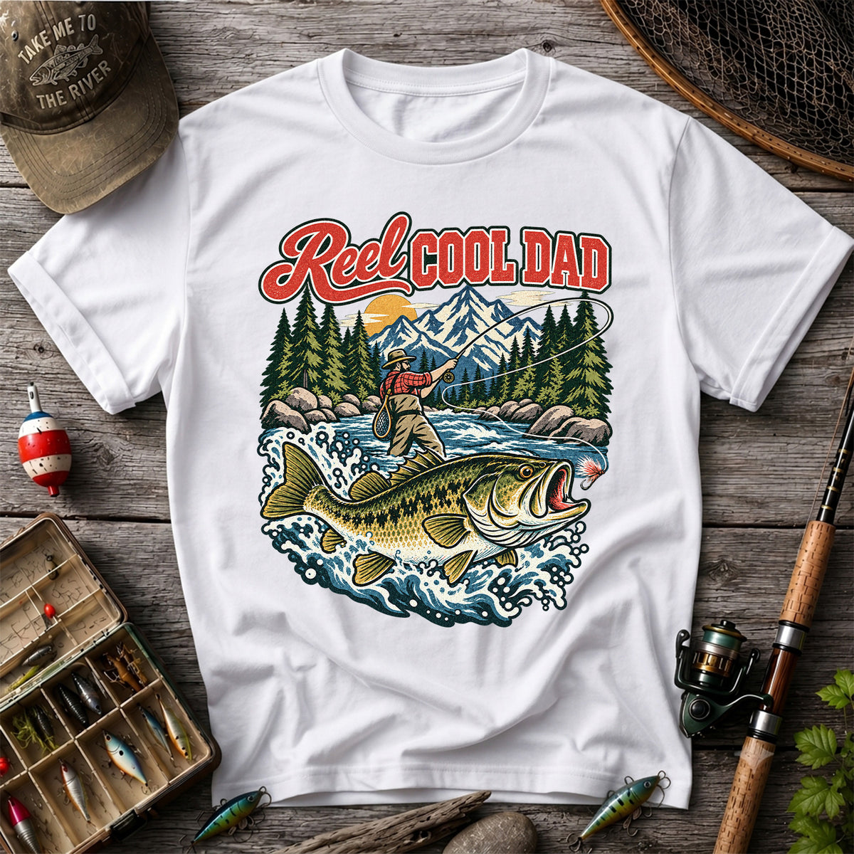Reel Cool Dad Largemouth Bass Fishing Graphic T-Shirt