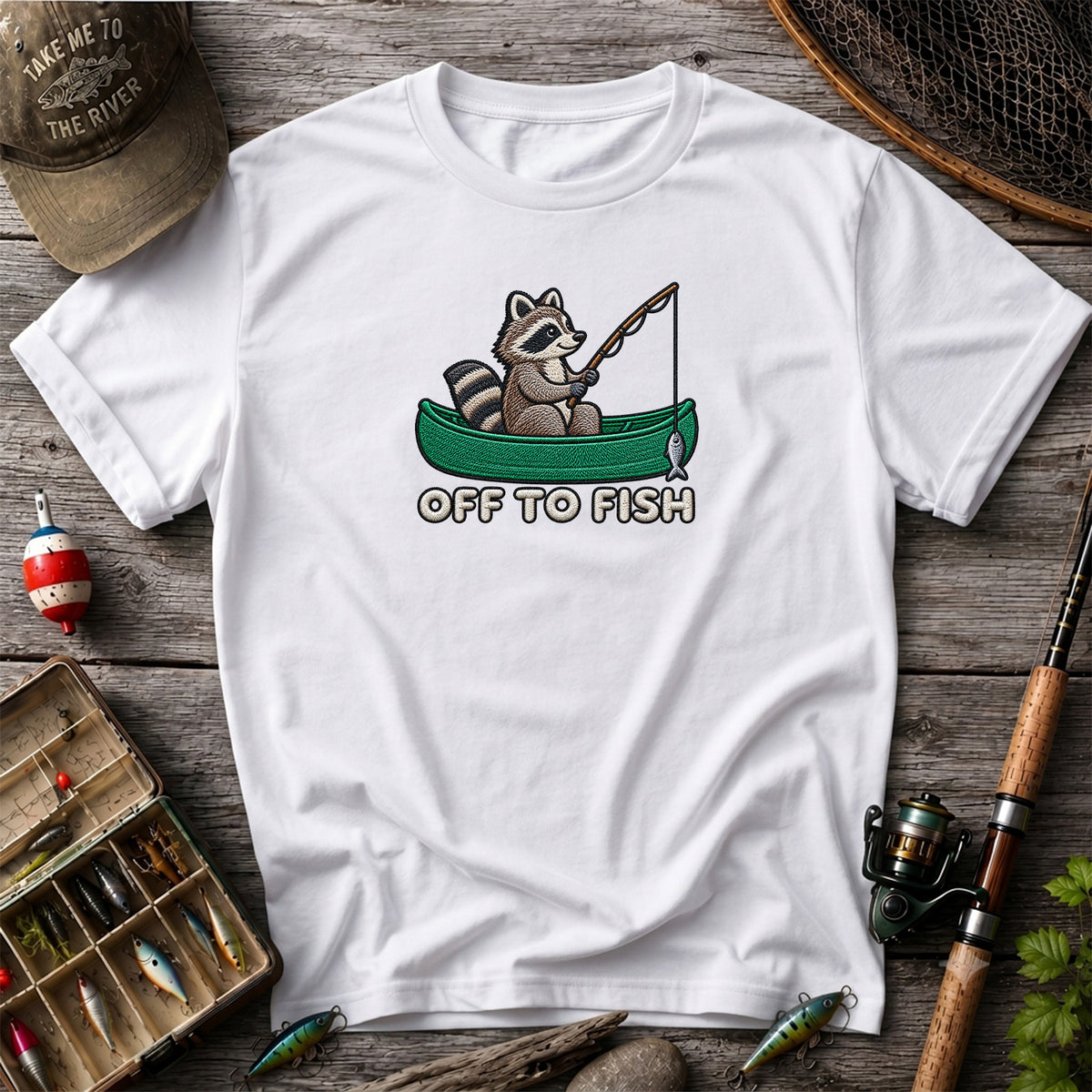 Off to Fish Raccoon in a Canoe Funny Fishing Graphic T-Shirt