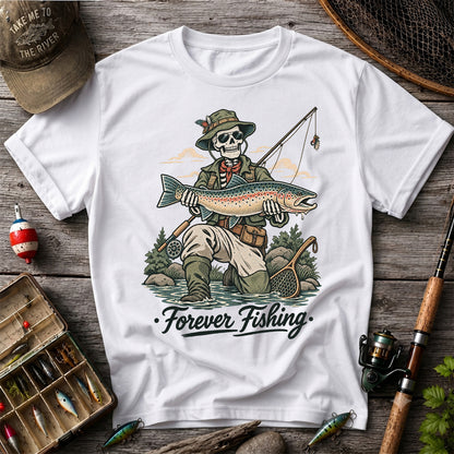 Forever Fishing Skeleton Angler with Rainbow Trout Graphic T-Shirt