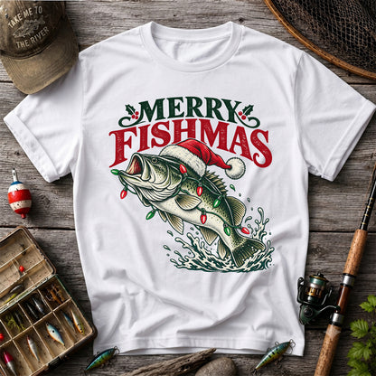 Christmas Bass Fishing Graphic T-Shirt with Santa Hat