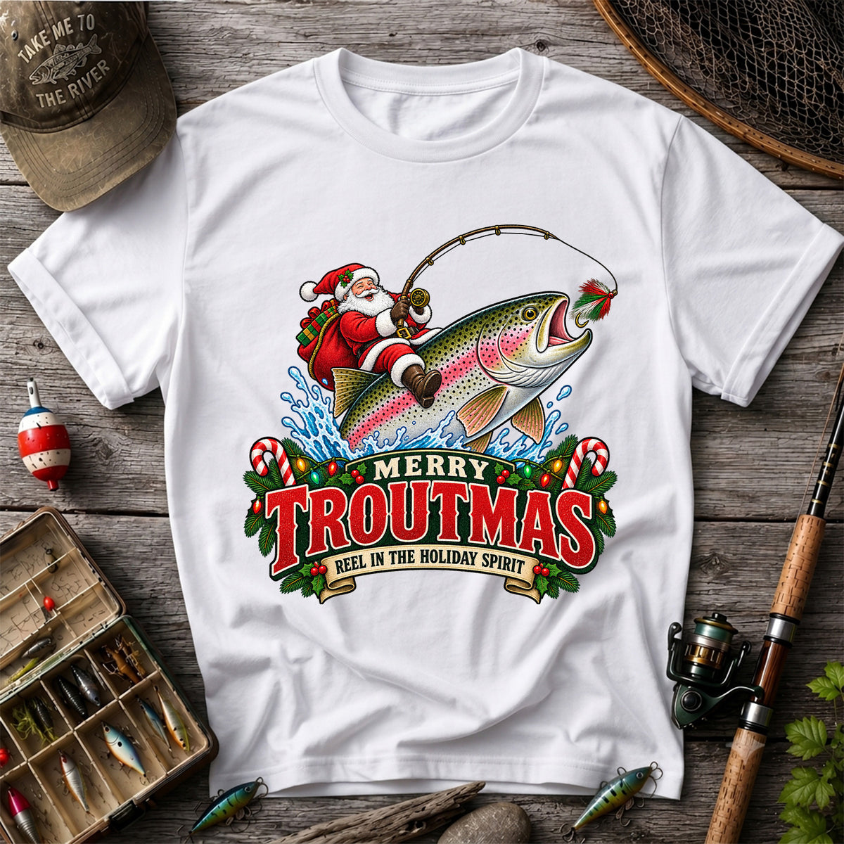 Merry Troutmas Reel in the Holiday Spirit Santa Riding Rainbow Trout Christmas Fishing T-Shirt