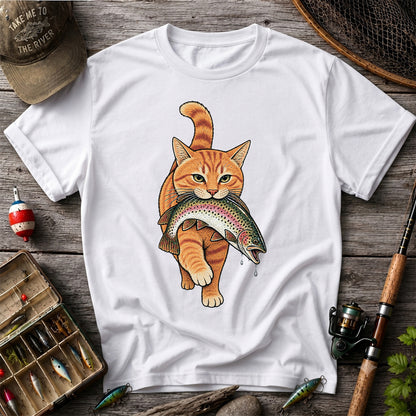 Cat Holding Trout Funny Fishing Graphic T-Shirt