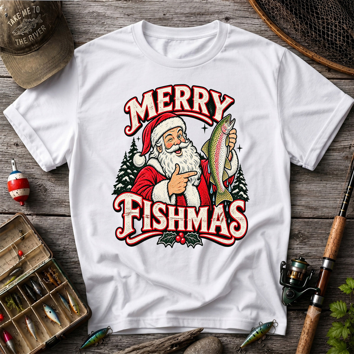 Merry Fishmas Santa Holding Rainbow Trout Christmas Fishing T-Shirt