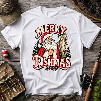 Merry Fishmas Santa Holding Rainbow Trout Christmas Fishing T-Shirt